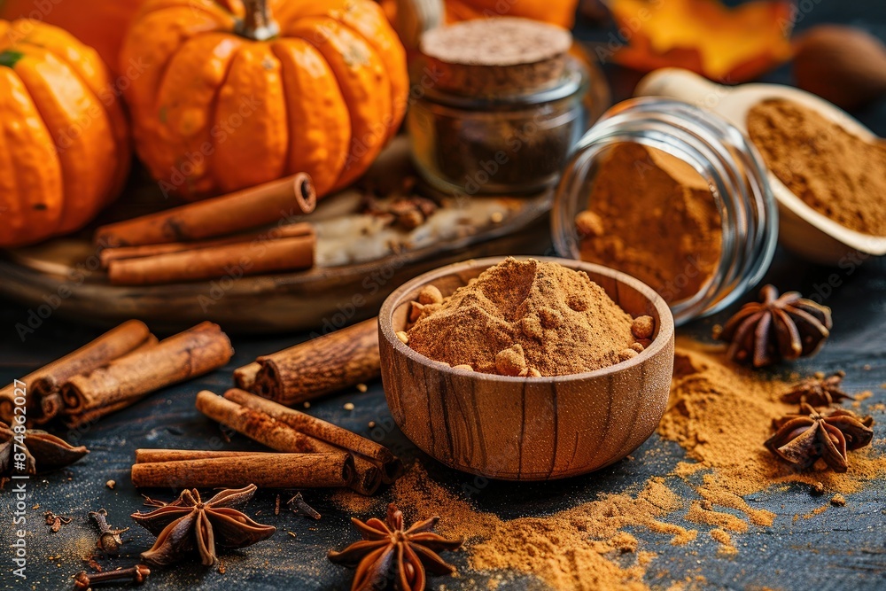 Autumn Spices and Pumpkin Display - Cinnamon, Star Anise, Nutmeg, Fall Season Ingredients Autumn Spices and Pumpkin Display - Cinnamon, Star Anise, Nutmeg, Fall Season Ingredients