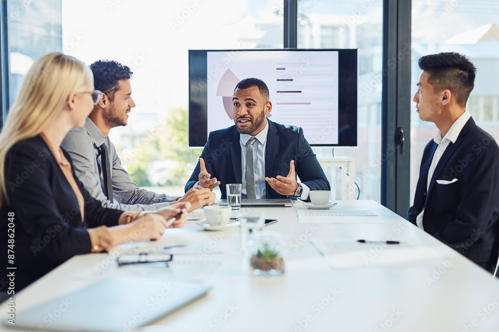 Business, man and leader in office with presentation for strategy on project proposal and pitch. People, employees and happy at boardroom for teamwork or collaboration with report and feedback Business, man and leader in office with presentation for strategy on project proposal and pitch. People, employees and happy at boardroom for teamwork or collaboration with report and feedback