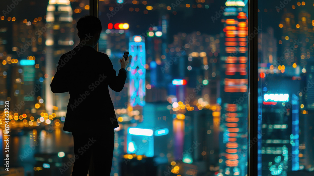 The silhouette of a man in front of a panoramic window contemplates the night metropolis. The bright lights of skyscrapers and streets create an exciting cityscape, reflecting the dynamics of modern. The silhouette of a man in front of a panoramic window contemplates the night metropolis. The bright lights of skyscrapers and streets create an exciting cityscape, reflecting the dynamics of modern.