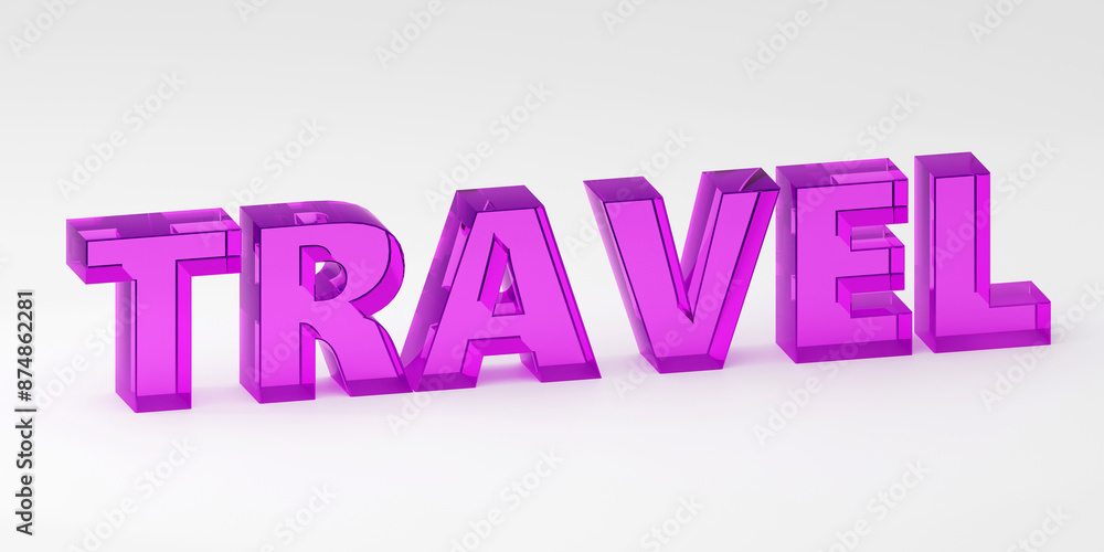 Luxury purple glass inscription travel on white podium, soft light, smooth background, 3d rendering Luxury purple glass inscription travel on white podium, soft light, smooth background, 3d rendering