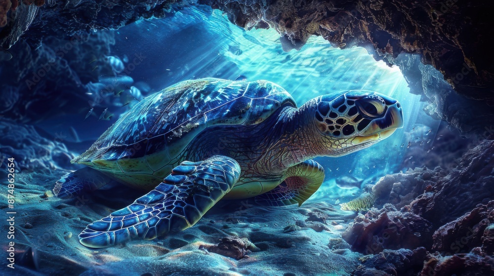 Fototapeta premium Deep Sea Exploration: Sea Turtle Gliding Through Underwater Caves in a Mysterious and Adventurous Setting