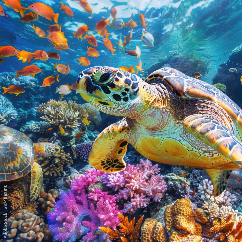 Fototapeta premium Colorful Underwater Biodiversity: Sea Turtle and Vibrant Reef Fish in Lively Scene