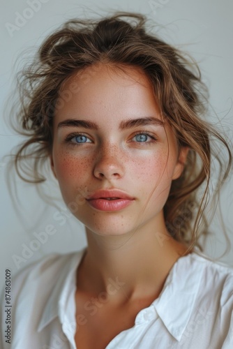 Woman with Freckles Wearing White Shirt