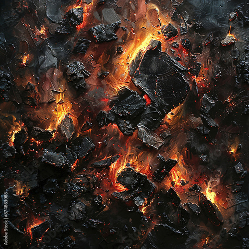 Burning coals and firewood of a fire close up view. generated by AI