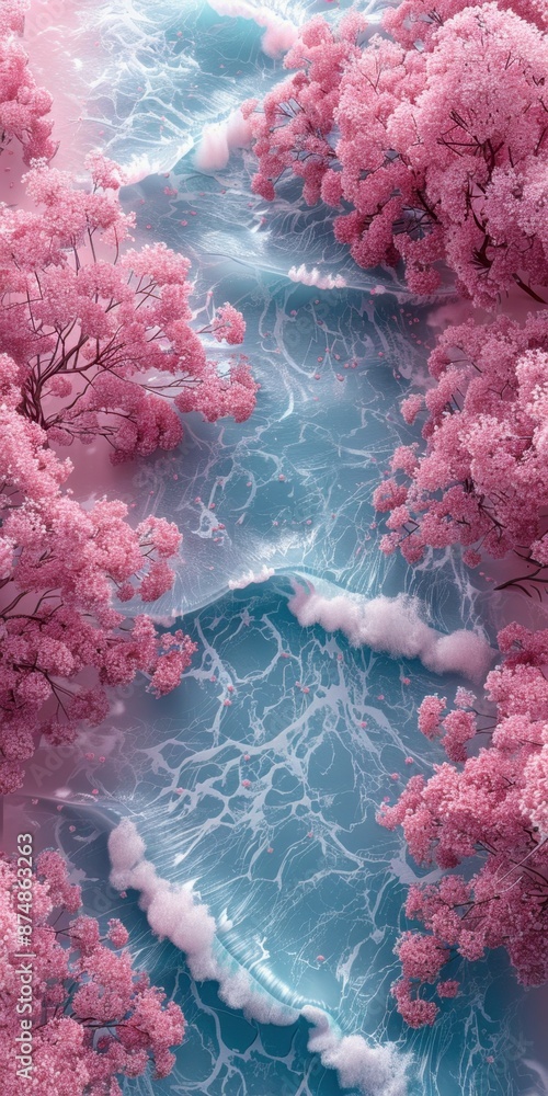Pink cherry blossoms in full bloom frame a scene of vibrant turquoise ...