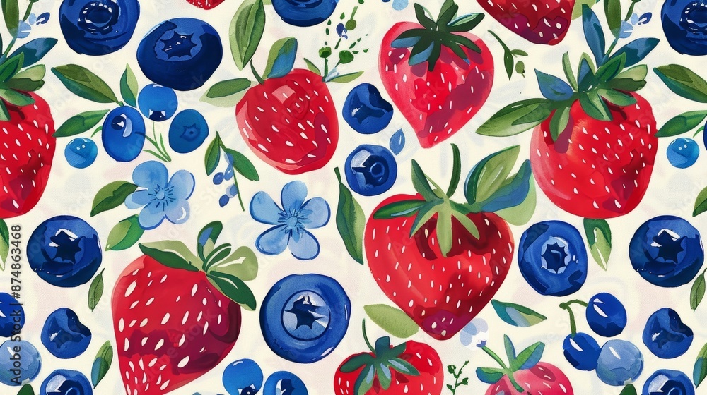 A whimsical pattern of strawberries and blueberries tered and overlapping like a juicy colorful garden A whimsical pattern of strawberries and blueberries tered and overlapping like a juicy colorful garden