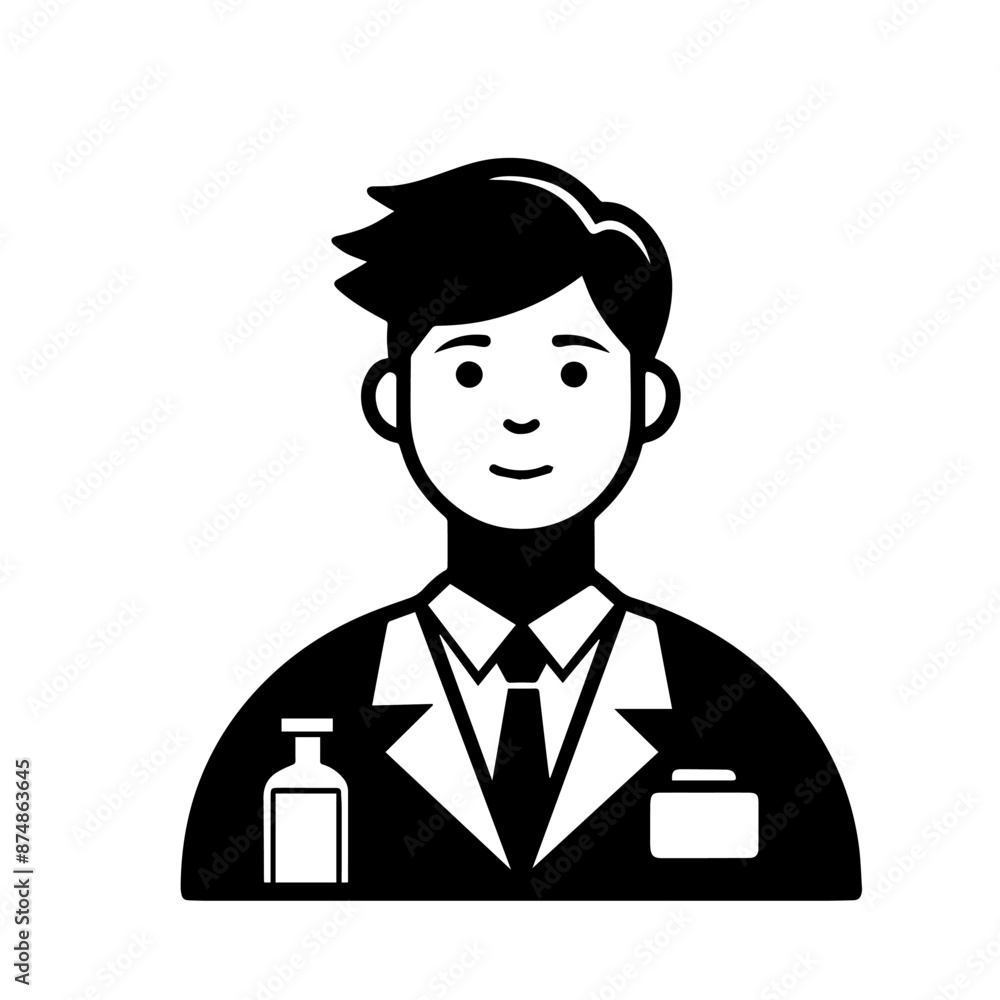 Pharmacist with bottle icon over white background, silhouette style, vector illustration Pharmacist with bottle icon over white background, silhouette style, vector illustration