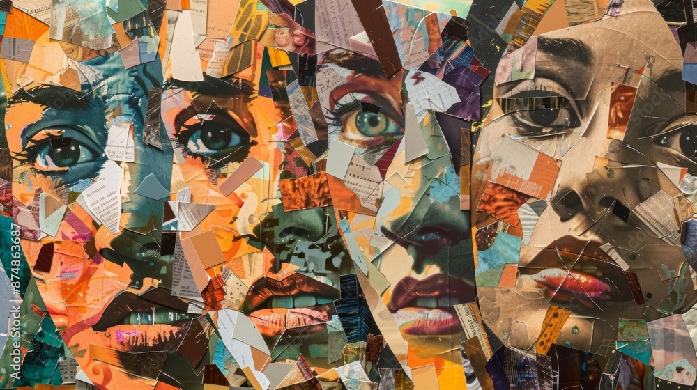 Naklejka premium Layers upon layers of fragmented faces create a haunting and unsettling effect in this eclectic collage
