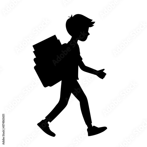 Silhouette of schoolboy with backpack and books on white background