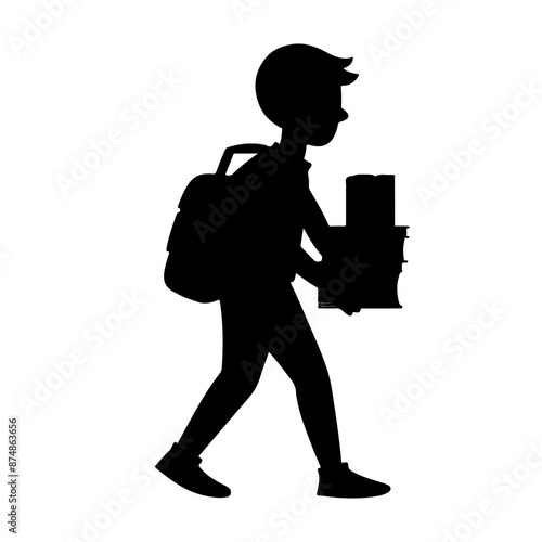 Silhouette of schoolboy with backpack and books on white background