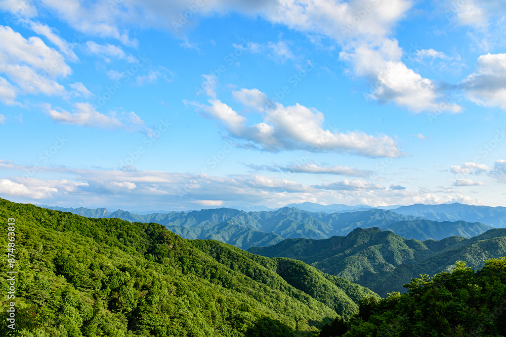Obraz premium 御荷鉾スーパー林道展望台から見る新緑の山並み／群馬県 
