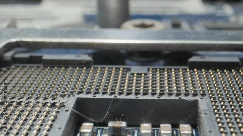 pc motherboard dirty microprocessor cpu socket contact points wide to closeup view pc motherboard dirty microprocessor cpu socket contact points wide to closeup view