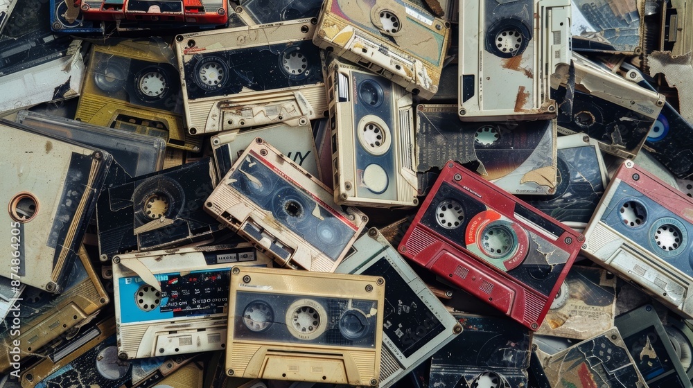 A jumbled pile of cassette tapes their faded covers depicting unsettling images. A jumbled pile of cassette tapes their faded covers depicting unsettling images.