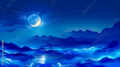 Moonlit lake and mountains, mist and stars, peaceful and ethereal landscape