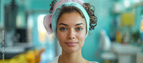 A young woman with luminous eyes, wearing hair rollers, looking straight at the camera in a well-lit room with a softly focused background. photo