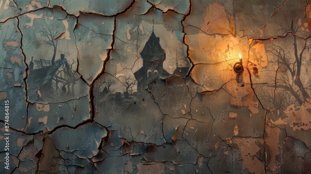Obraz premium A cracked and peeling mural of a haunted house on the wall illuminated by a flickering strobe light
