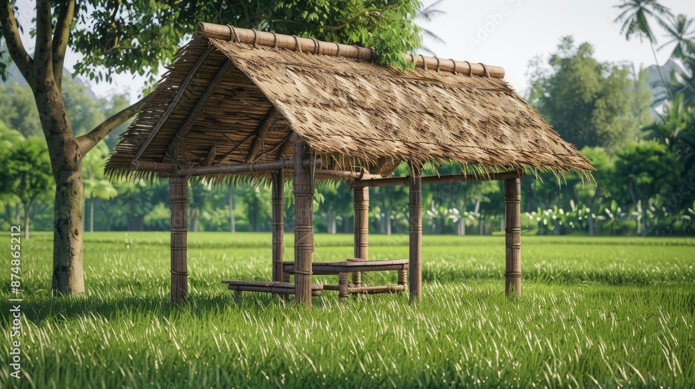 A Wooden And Straw Shelter For Resting After Rice Farming, Located Near The Lush, Green Rice Fields In The Countryside A Wooden And Straw Shelter For Resting After Rice Farming, Located Near The Lush, Green Rice Fields In The Countryside