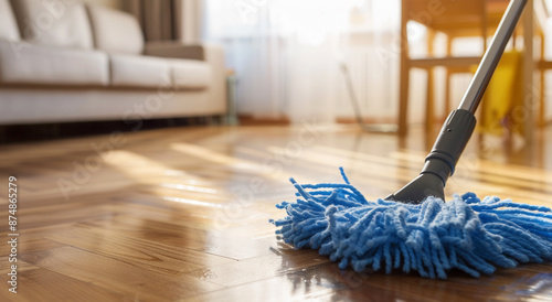 floor cleaning with mop on wooden parquet