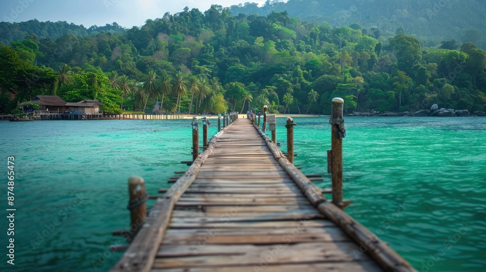 A Wooden Bridge Stretching Into The Emerald Green Sea At Koh Kood, A Tropical Island