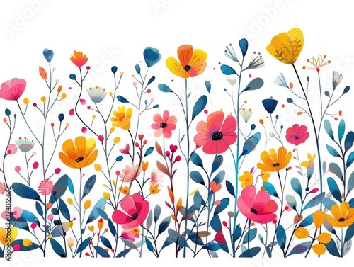 Whimsical vine flowers with bold colors and playful shapes, set on a pristine white background, creating a joyful design