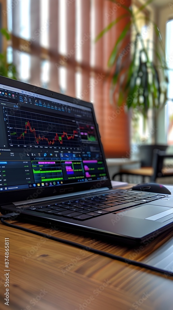 Laptop Computer Displaying Financial Data Analysis on Screen in Minimalist Workspace Laptop Computer Displaying Financial Data Analysis on Screen in Minimalist Workspace