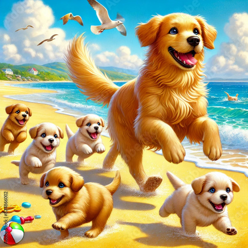 The parentandpuppy dogs frolic on the beach
