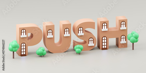 Fényképezés Luxury inscription push made by tiny houses on grey podium, soft light, smooth b