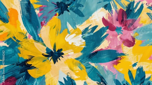 Vibrant and energetic this abstract floral pattern bursts with bold brushstrokes and graphic shapes in shades of yellow teal and fuchsia