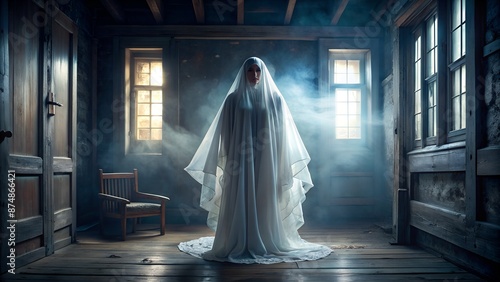 Ethereal apparition in a haunted mansion shrouded in mist