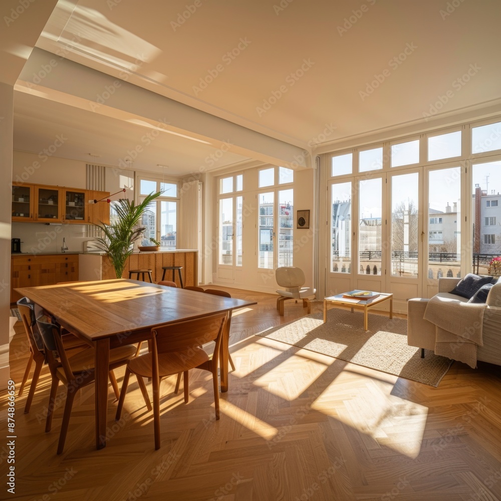 Fototapeta premium The bright and modern apartment features parquet floors and large windows, making it ideal for modern living. Interior design, decoration style, architecture, building materials industry, design style