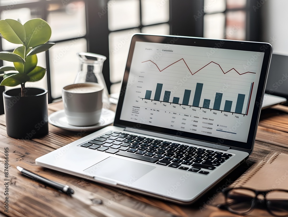 Fototapeta premium Laptop displaying data analysis and charts on a modern minimalist desk with plant