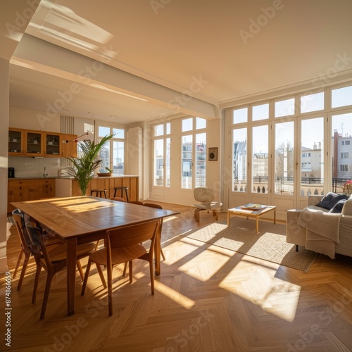 The bright and modern apartment features parquet floors and large windows, making it ideal for modern living. Interior design, decoration style, architecture, building materials industry, design style © Da