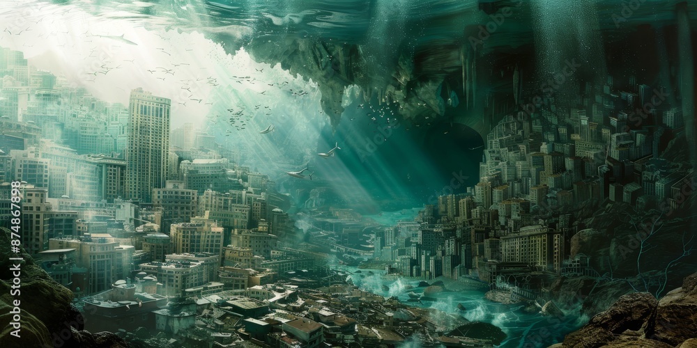 A city is shown in a blue and green color scheme generated by AI A city is shown in a blue and green color scheme generated by AI