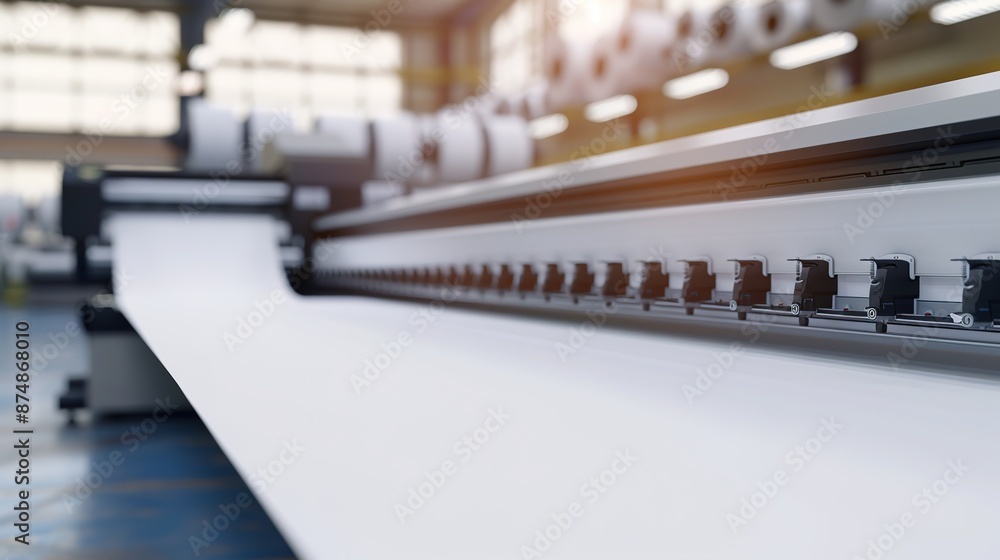Professional Large Format Printer Printing a White Banner in a Modern Printing House with Rolls of Paper and Printing Materials Professional Large Format Printer Printing a White Banner in a Modern Printing House with Rolls of Paper and Printing Materials