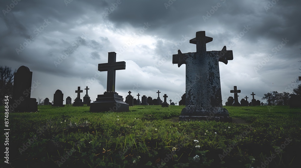 Picturesque Graveyard with Gothic Crosses Amidst Overcast Sky Picturesque Graveyard with Gothic Crosses Amidst Overcast Sky