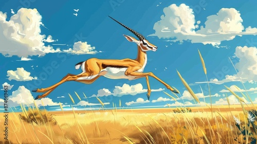 A cartoon springbok jumping through the savanna, symbolizing South Africa.