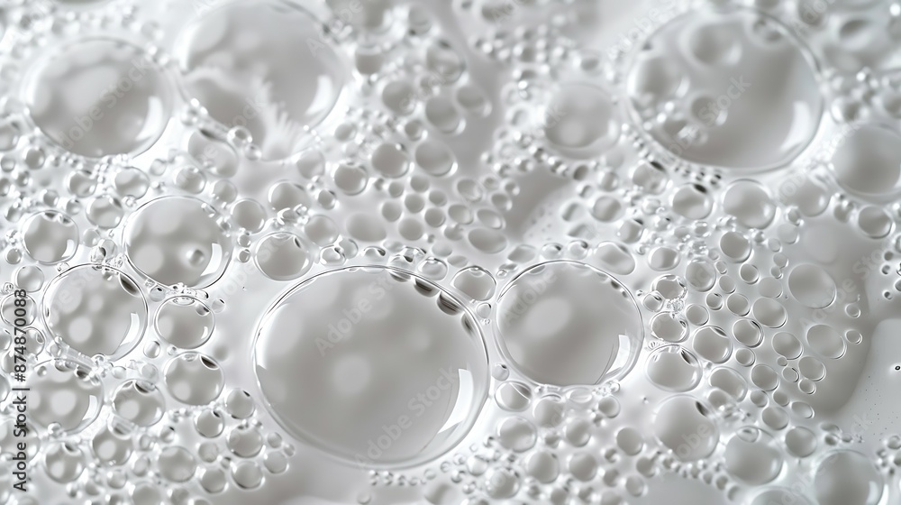 Close-up of white transparent drops liquid bubbles molecules