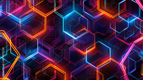 Dynamic Neon Hexagon Pattern in Orange, Blue, and Pink on Dark Background | Seamless Geometric Design for Vibrant Concepts