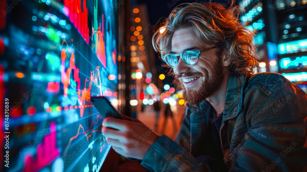 A man smiles and examines financial data on his phone in a brightly lit city at night. The screen displays stock market graphs A man smiles and examines financial data on his phone in a brightly lit city at night. The screen displays stock market graphs