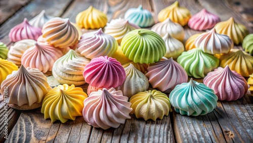 Delicious assortment of colorful French meringue-based confectionery treats with varied flavors and textures arranged artfully on rustic wooden background.
