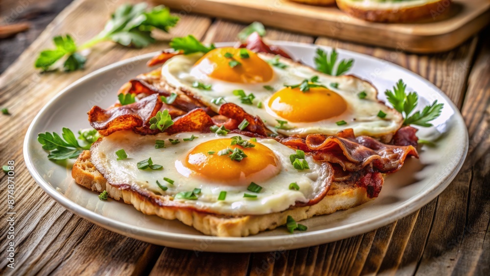 Golden-brown fried eggs sizzling on a crispy bacon slice, served on a white ceramic plate with a sprinkle of parsley. Golden-brown fried eggs sizzling on a crispy bacon slice, served on a white ceramic plate with a sprinkle of parsley.