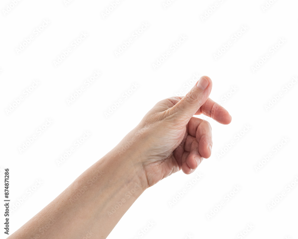 Empty mid aged woman hand to hold something with fingers isolated on white Empty mid aged woman hand to hold something with fingers isolated on white