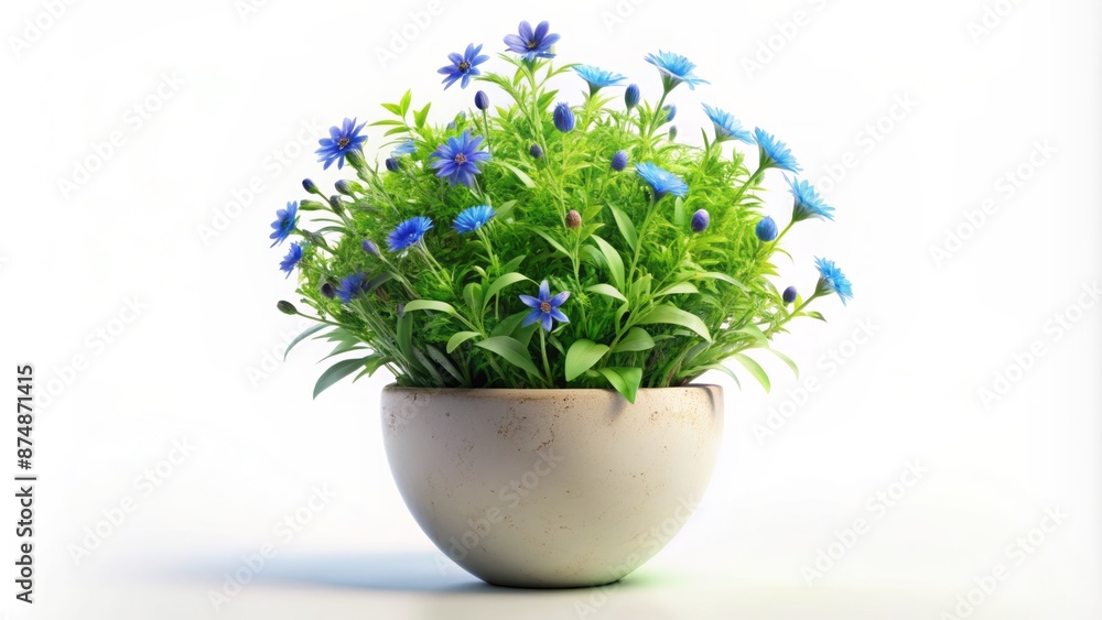 Vibrant 3D illustration of a potted plant with green leaves and blue flowers on a white background symbolizing Earth Day. Vibrant 3D illustration of a potted plant with green leaves and blue flowers on a white background symbolizing Earth Day.