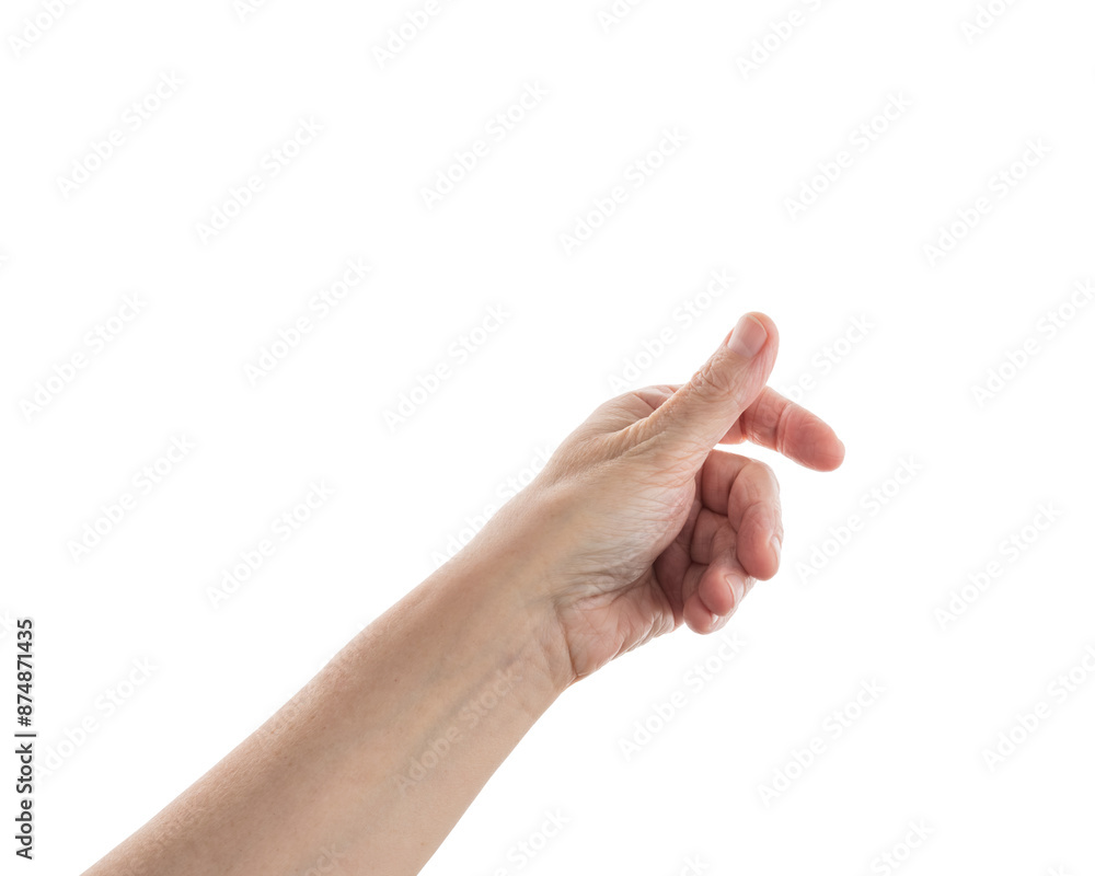 Empty mid aged woman hand to hold something with fingers isolated on white Empty mid aged woman hand to hold something with fingers isolated on white