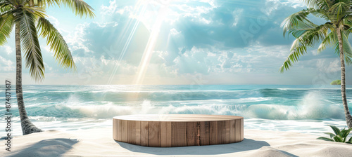 Fototapeta Naklejka Na Ścianę i Meble -  A wooden podium sits on a pristine white sand beach, framed by swaying palm trees and a turquoise ocean. The sun shines brightly, illuminating the scene with a golden glow