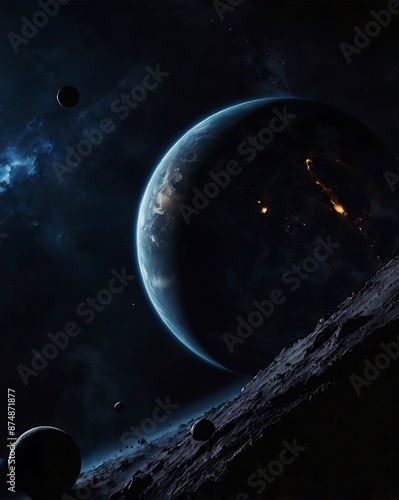 Abstract background of space design in darkness, dark view of space, planets and stars