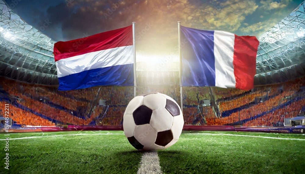 Fototapeta premium Netherland flag France flag with football in a stadium for the European Championship