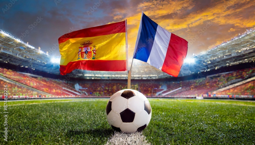 Fototapeta premium Spain flag France flag with football in a stadium for the European Championship