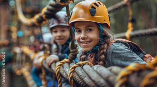 group young women participating in an outdoor ropes course challenge wearing safety gear and sporting a cheerful expression.