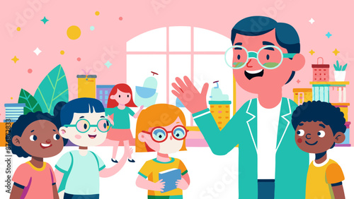Cheerful Cartoon Teacher with Diverse Students in Classroom